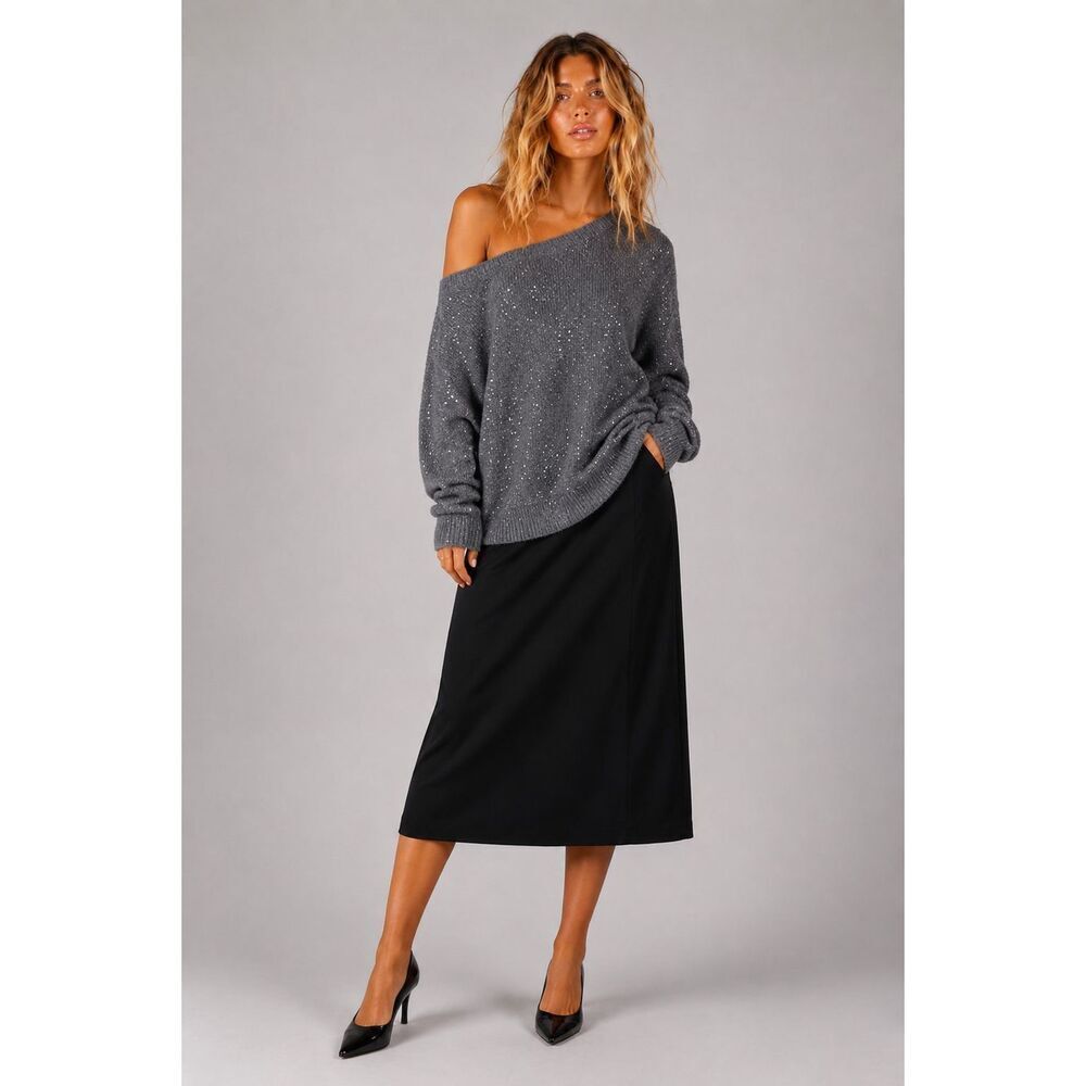 ZARA Sequin Knit Sweater Sparkly V-Back Off Shoulder Metallic Gray NWT Size L (1